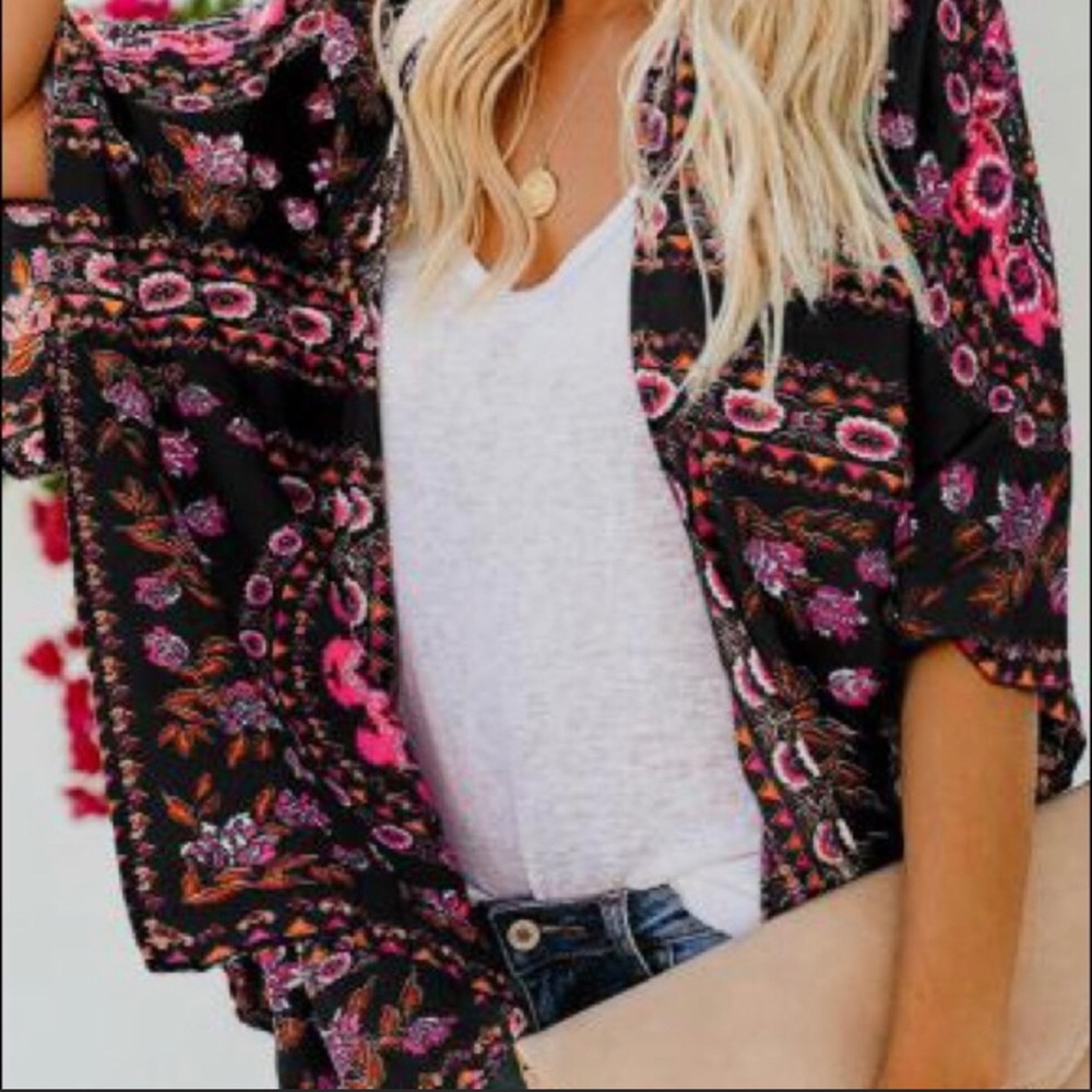 Black and Hot Pink Floral Boho Kimono
